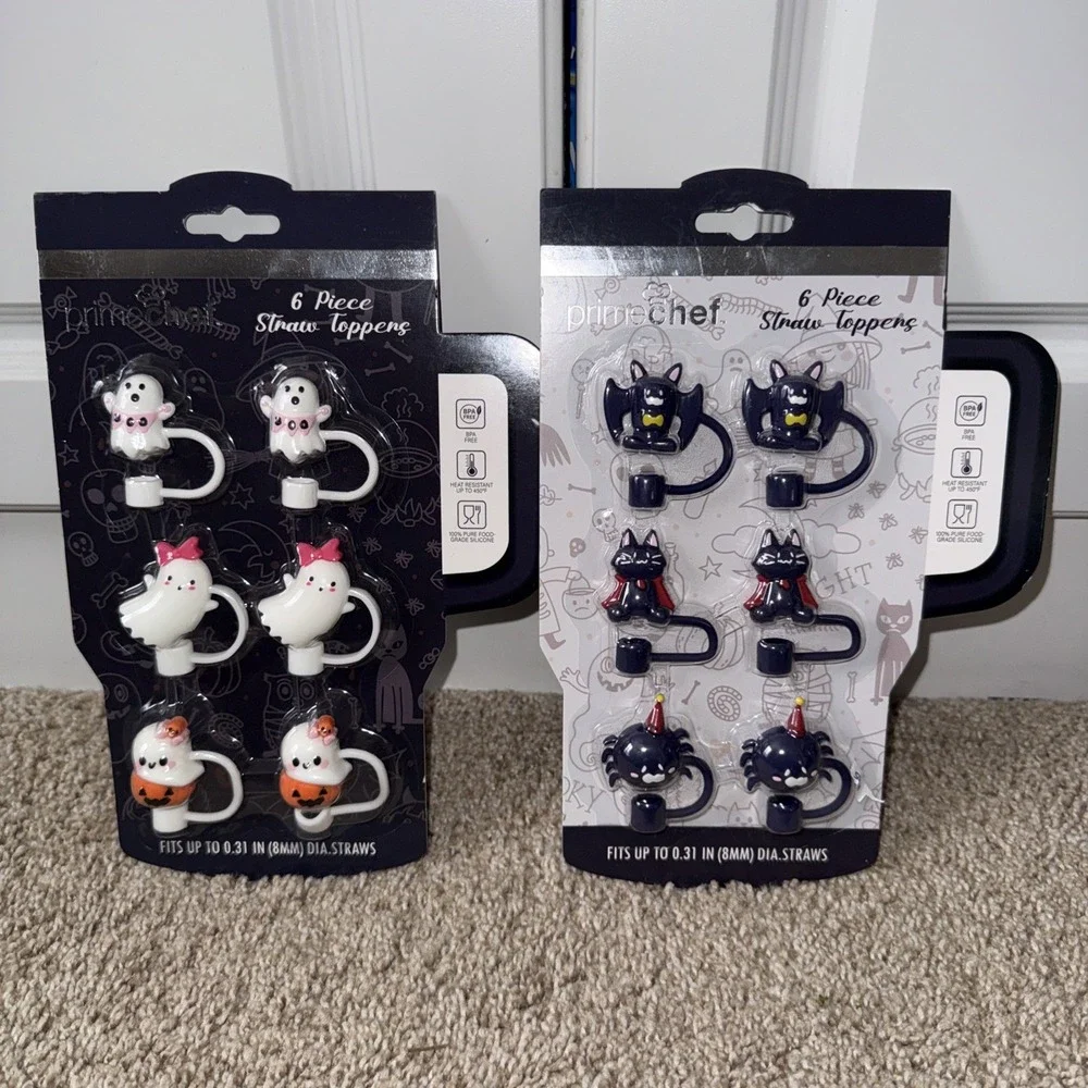 Set Of 12 Two Pack Ghost Bats Cats Straw‎ Covers Toppers Halloween New